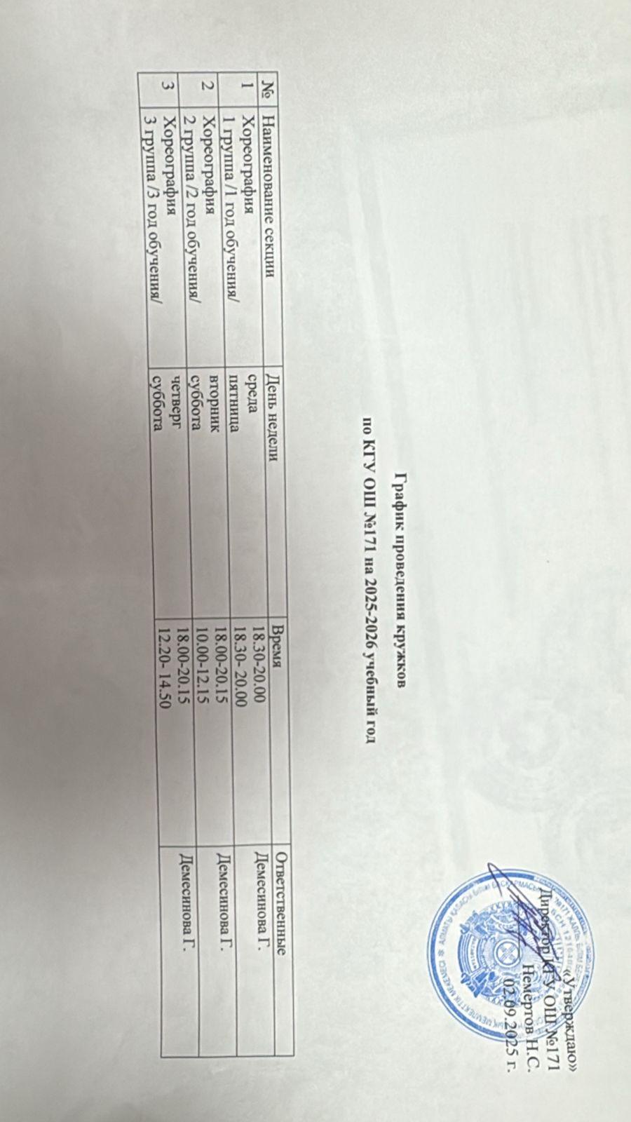 График проведения кружков по КГУ ОШ №171