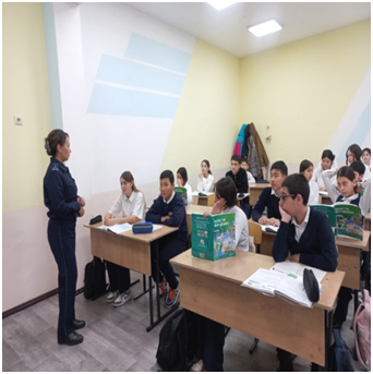 «Заң және тәртіп» тақырыбында Алатау ауданы полиция бөлімінің капитаны Тазабекова Меруерт Тұрғанбекқызының қатысуымен профилактикалық әңгіме өткізілді.